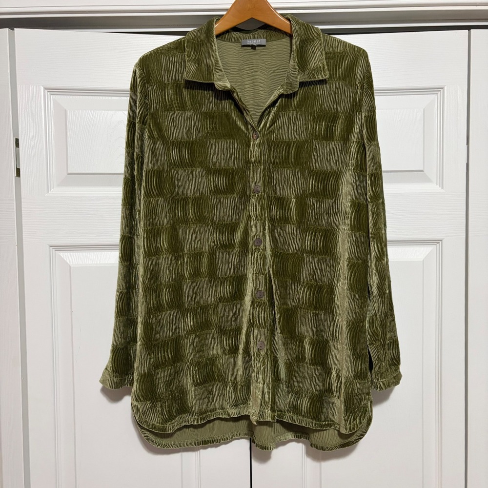 Habitat Button Front Tunic Womens Medium Green Textured Loose Fall Boho Core